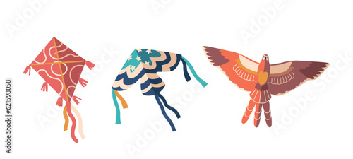 Colorful Set Of Kites With Varying Designs And Sizes Isolated On White Background. Paper Toys Perfect For Outdoor Fun