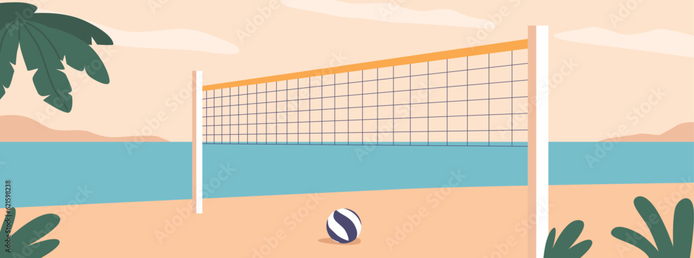 Vibrant Beach Scene With A Volleyball Net on sandy beach with Palms, Inviting Players To Engage In Friendly Matches