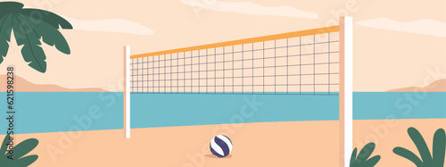 Vibrant Beach Scene With A Volleyball Net on sandy beach with Palms, Inviting Players To Engage In Friendly Matches