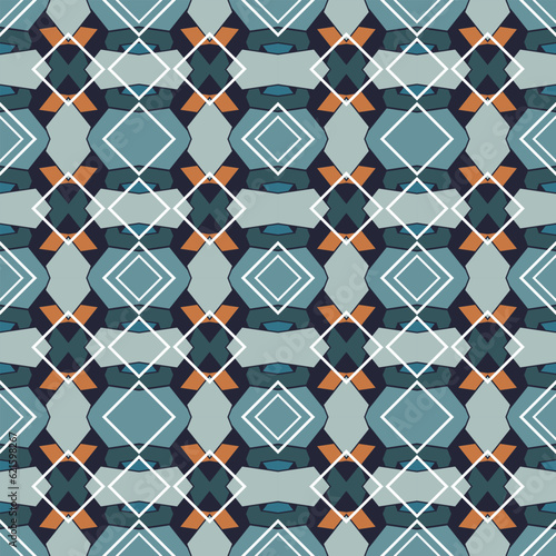 Seamless pattern with isometric ornament in blue and yellow colors. White square contours. Vector illustration