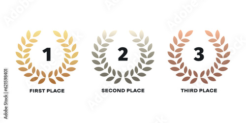 Laurel wreath of victory icon, set of gold, silver and bronze medals. Vector.