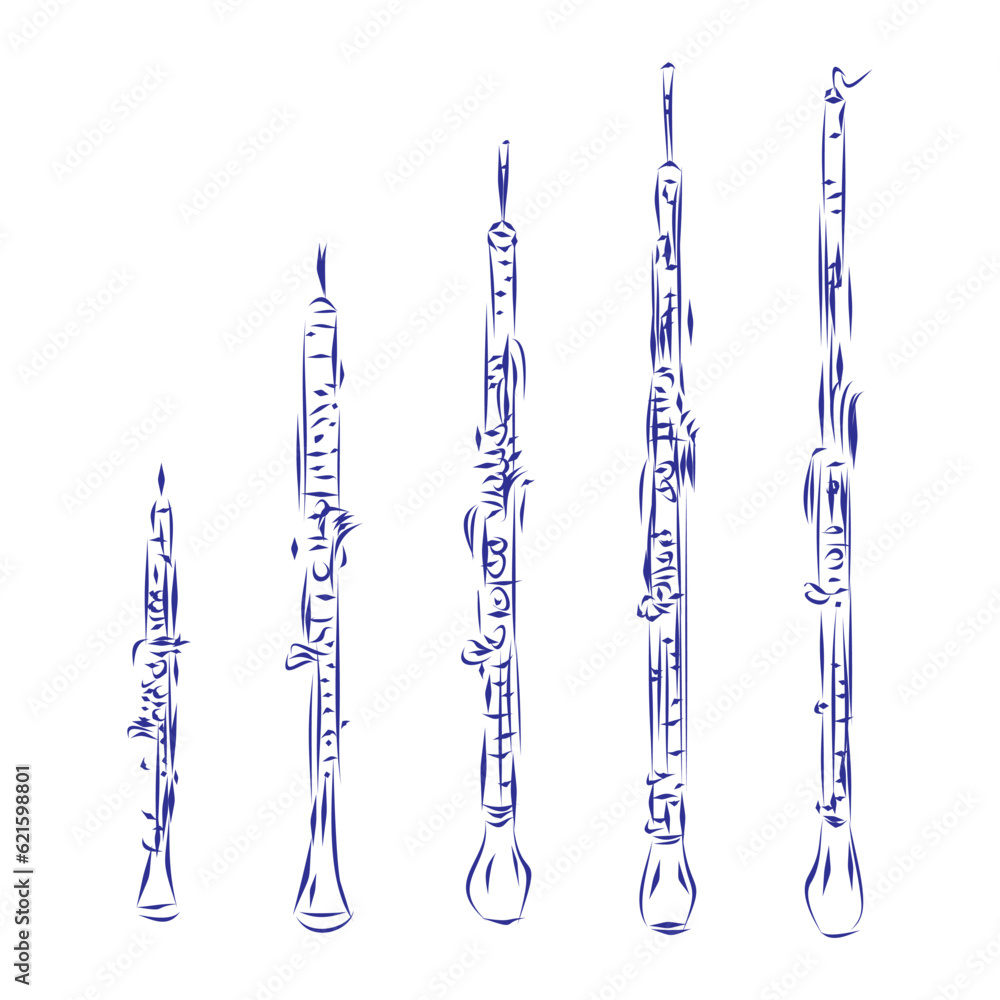 Continuous line drawing of the oboe family of instruments, isolated on
