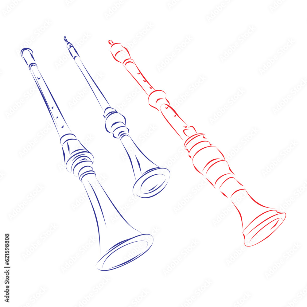 Continuous line drawing of three types of shawm, the ancestor of oboe
