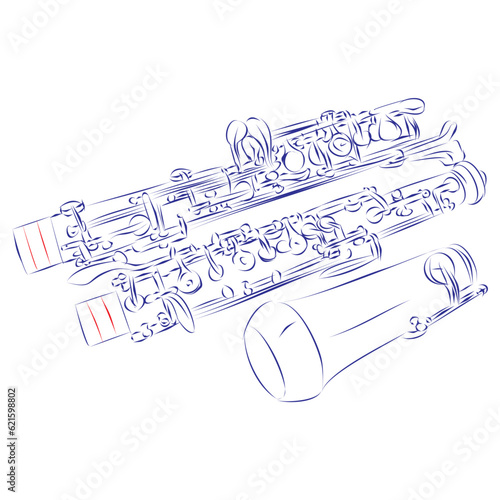 Continuous line drawing of the oboe parts, isolated on white. Hand drawn, vector illustration