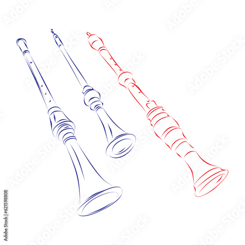 Continuous line drawing of three types of shawm, the ancestor of oboe, isolated on white. Hand drawn, vector illustration