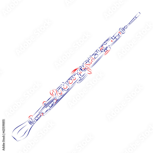 Continuous line drawing of an oboe with red keys, isolated on white. Hand drawn, vector illustration