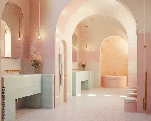 This dreamy interior of pastel pink and blue berber-arabian tiles creates a tranquil atmosphere, perfect for any home