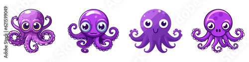 Purple cartoon octopus set. Vector illustration.