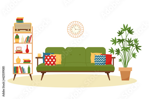 Vintage living room interior with sofa and shelf. Retro furniture set in 60s style. Flat vector illustration