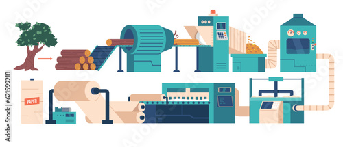 Paper Production Process. Making Papers Products, Cleaning Pulp, Raw Wood Manufacturing, Factory Industrial