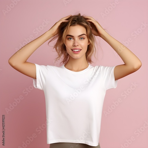Young woman holding empty white tee shirt and posing for the camera stock Generative AI