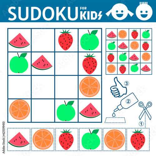 Sudoku for kids. Game with orange, strawberry, watermelon, apple shapes pictures. Fruit. Food. Puzzle game for children. Activity sheet. Education developing worksheet. Training logic, activity page. 