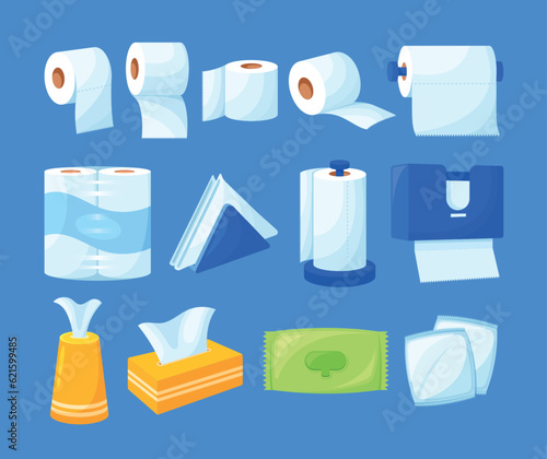 Set Of Essential Personal Hygiene Items, Toilet Paper Or Towel, Napkins, Sanitary Pads And Wet Wipes Vector Illustration