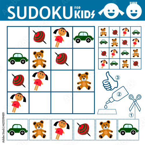 Sudoku for kids. Game with car, doll, bear, whirligig toy shapes pictures. Puzzle game for children. Activity sheet. Education developing worksheet. Training logic, activity page. 