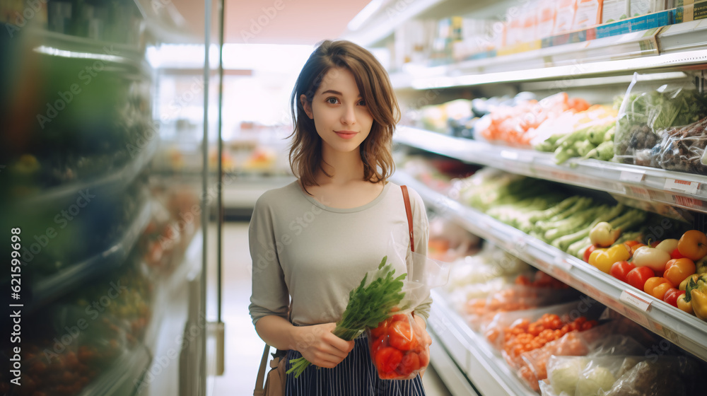 A beautiful woman in a grocery shop, generative ai