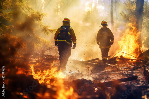 Firefighters in the forest engulfed in flames extinguish a forest fire, confronting the dangerous ecological emergency mitigating its long-lasting ecological consequences