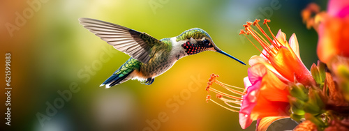 bright colorful hummingbird flying to flower for nectar, banner made with Generative AI