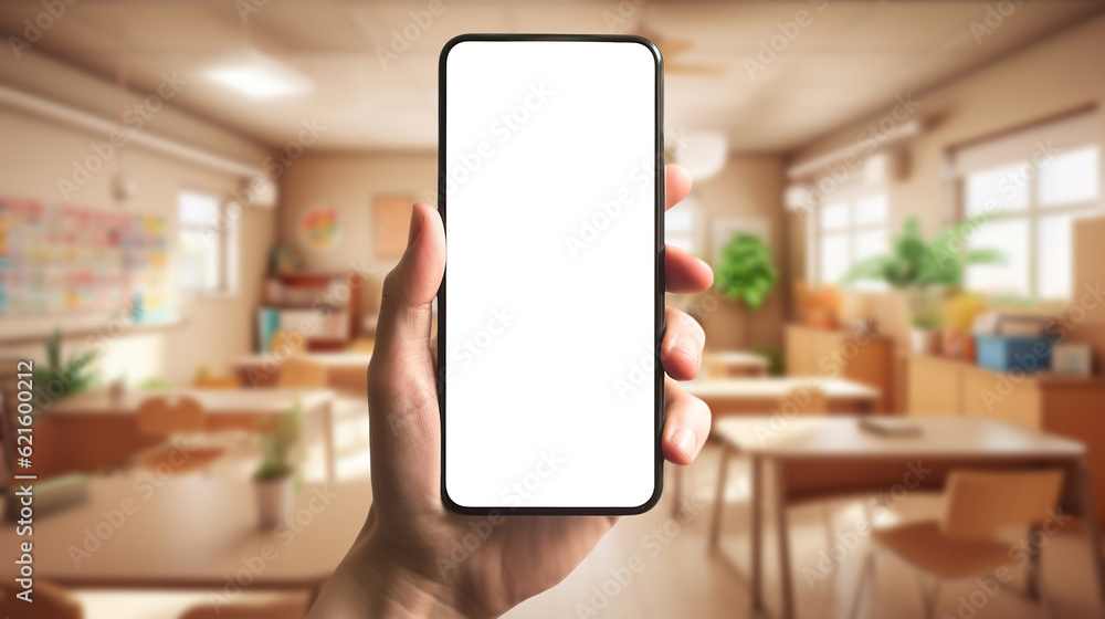 School education, online teaching app, phone with blank screen with copy space, classroom on background School education, online teaching app, phone with blank screen with copy space, classroom on background