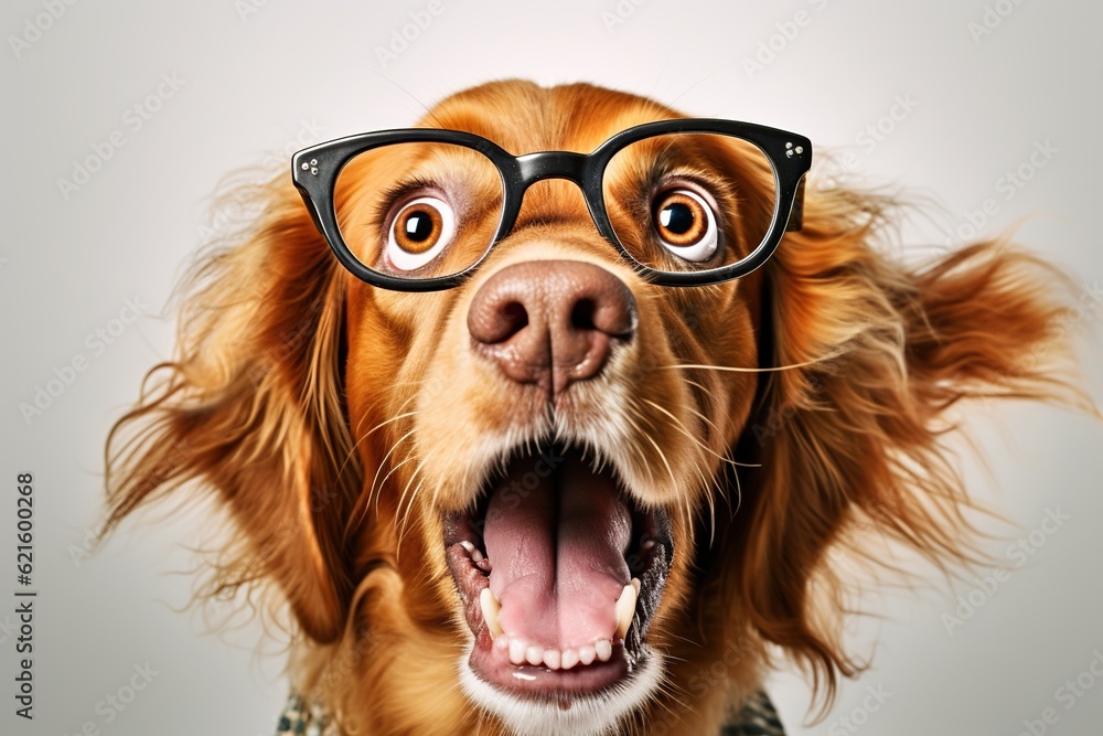 Studio portrait of shocked dog wearing glasses