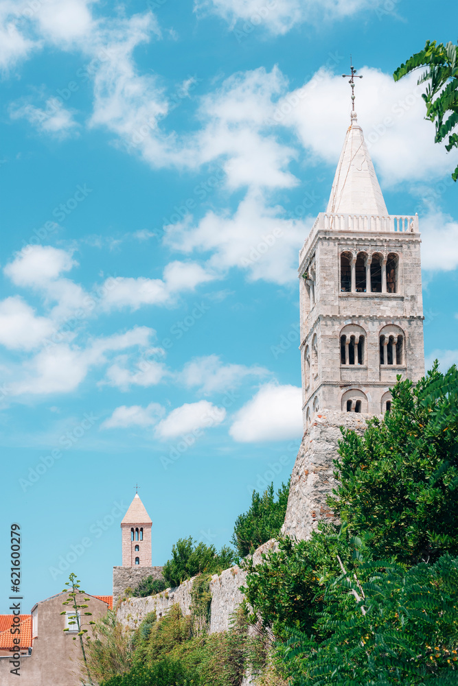 Fototapeta premium Bell tower of St. Mary's church, old town of Rab on the island Rab, Croatia. Copy space