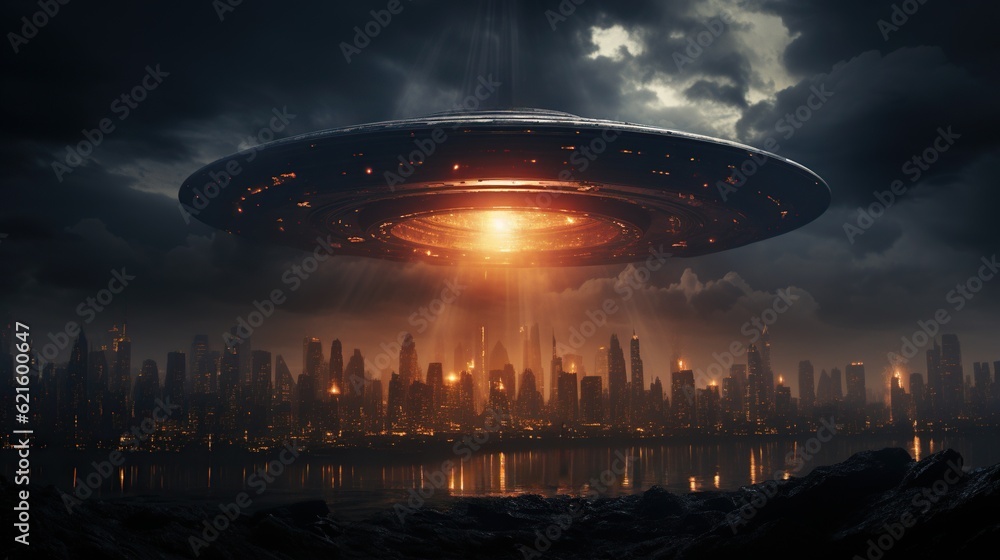 Alien invasion, flying saucer in the sky above city, concept of evidence and sighting UFO Alien invasion, flying saucer in the sky above city, concept of evidence and sighting UFO