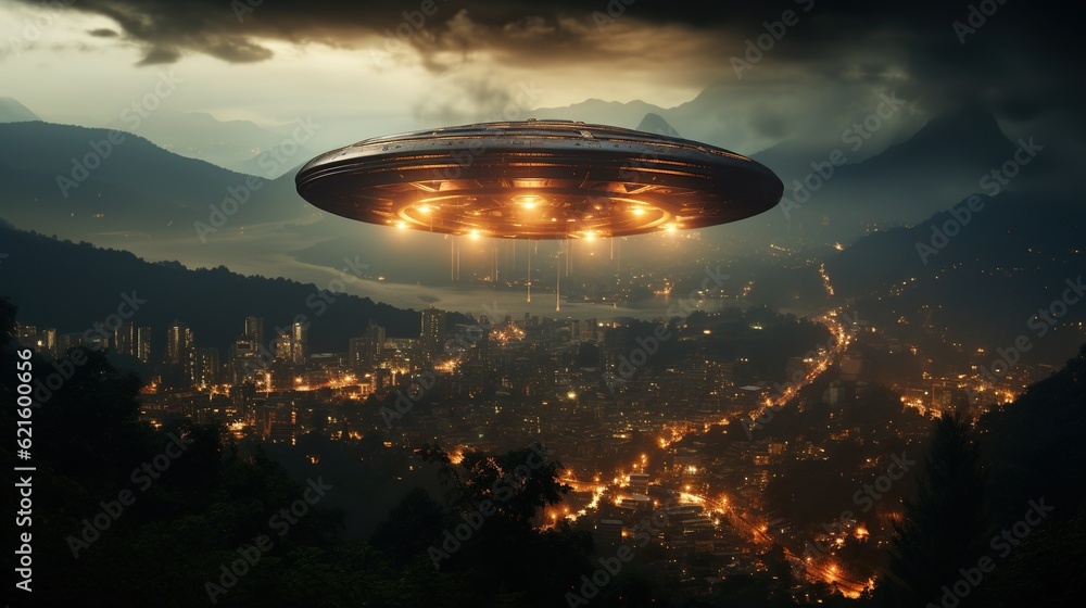 Alien invasion, flying saucer in the sky above city, concept of evidence and sighting UFO Alien invasion, flying saucer in the sky above city, concept of evidence and sighting UFO