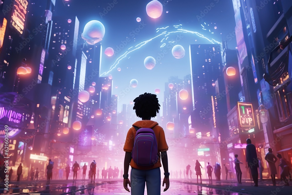 Teenage boy 3d avatar exploring neon metaverse city in virtual reality video game, modern futuristic gaming technology