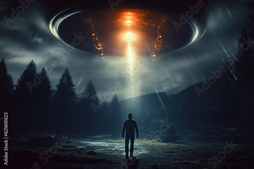 Alien abduction, UFO flying in the sky, concept of evidence and sighting