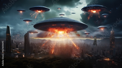 Flying saucers attacking the city, alien invasion concept