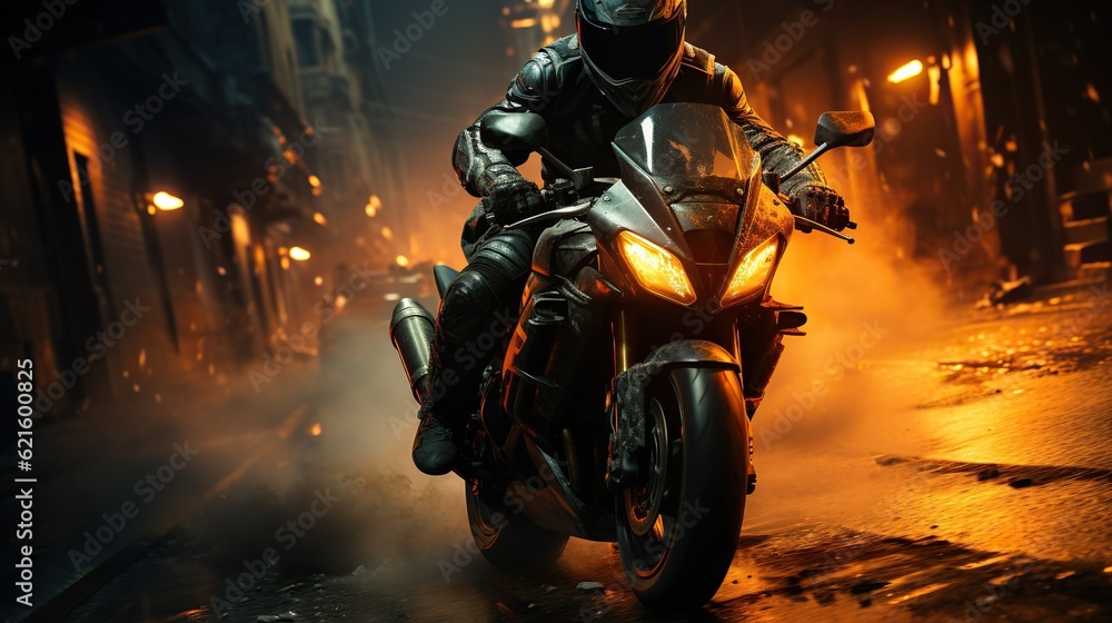 Motorcycle chase, epic scene from action movie, hero on motorbike escapes from the police, explosion on background
