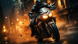 Motorcycle chase, epic scene from action movie, hero on motorbike escapes from the police, explosion on background
