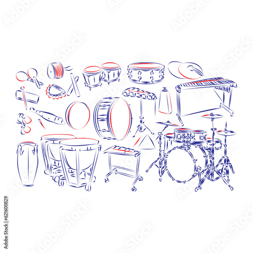 Continuous line drawing of a group of percussion instruments: shakers, bongos, conga, drums, timpani, triangle, castanets, isolated on white. Hand drawn, vector illustration