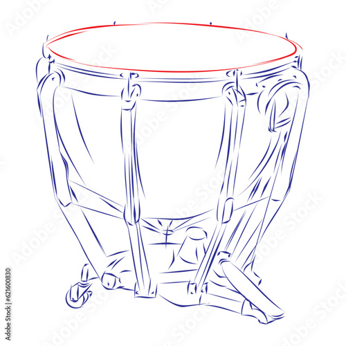 Continuous line drawing of a timpani drum, isolated on white. Hand drawn, vector illustration