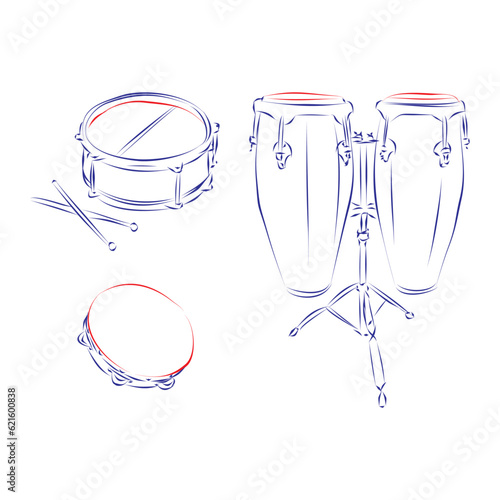 Continuous line drawing of a group of percussion instruments: drum, tambourine, conga set, isolated on white. Hand drawn, vector illustration photo