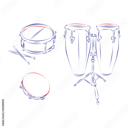 Continuous line drawing of a group of percussion instruments: drum, tambourine, conga set, isolated on white. Hand drawn, vector illustration