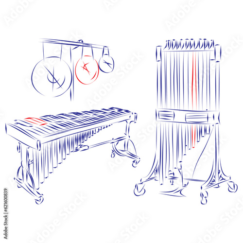 Continuous line drawing of a group of percussion instruments: cymbals, tubular bells, xylophone, isolated on white. Hand drawn, vector illustration