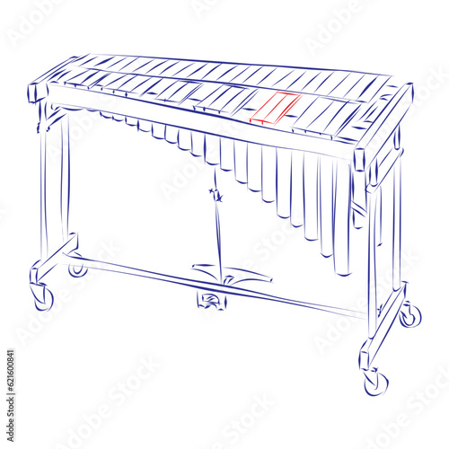 Continuous line drawing of a vibraphone, isolated on white. Hand drawn, vector illustration