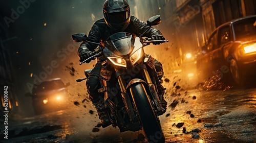 Motorcycle chase, epic scene from action movie, hero on motorbike escapes from the police, explosion on background © iridescentstreet