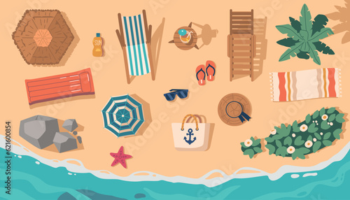 Top View Of Beach Items. Colorful Towels, Beach Umbrella, Mattress, Bag, Sunglasses, Flip Flops, And A Cool Drink