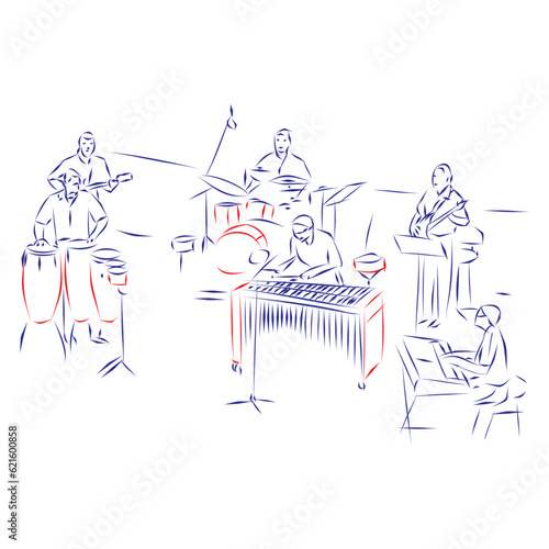 Continuous line drawing of a jazz band, isolated on white. Hand drawn, vector illustration music concept