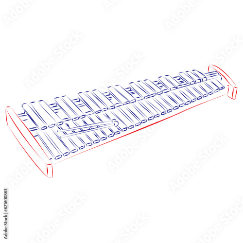 Continuous line drawing of a xylophone with a pair of mallets on top of the bars, isolated on white. Hand drawn, vector illustration