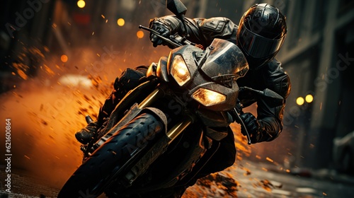 Motorcycle chase, epic scene from action movie, hero on motorbike escapes from the police, explosion on background © iridescentstreet