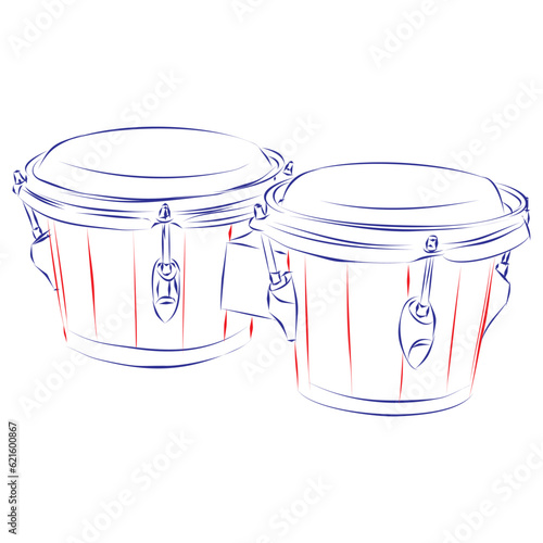 Continuous line drawing of a bongo pair, isolated on white. Hand drawn, vector illustration