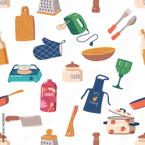 Seamless Pattern Featuring Various Kitchenware Items Such As Pots, Pans, Utensils, And Appliances, Vector Illustration