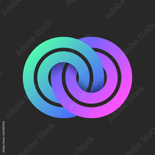 Circular logo or chain round link symbol vibrant gradient creative design, overlapping of four circles look like two bright colorful letters OO monogram.