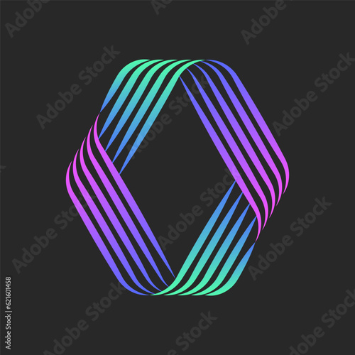 Abstract rhombus logo, infinite overlapping thin lines geometric shape, vibrant green and violet gradient striped hipster emblem, intertwined ribbons pattern.