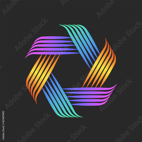 Intertwined thread or stripes logo hexagon geometric shape metallic knot for the handmade sewing workshop, intersection thin colorful vibrant gradient parallel lines circular weaving pattern.