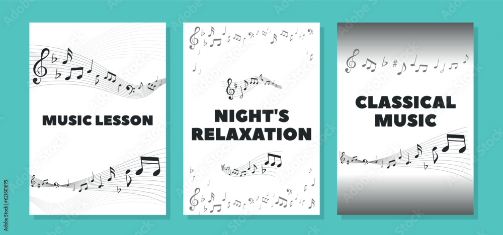Banners with Musical Note Waves And Treble Clef Signs On Stave. Monochrome Melody Swirl For Music Lesson, Jazz Club Banners with Musical Note Waves And Treble Clef Signs On Stave. Monochrome Melody Swirl For Music Lesson, Jazz Club