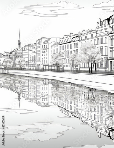 Black and white line art image of Paris landmarks for coloring