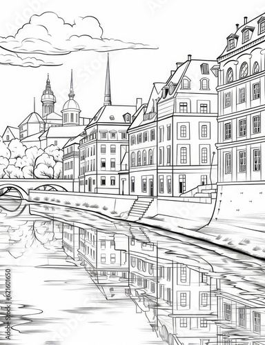 Black and white line art image of Paris landmarks for coloring